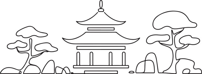 Japanese Buddhist temple continuous one line vector drawing