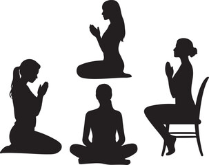 Silhouette figures practicing meditation in various seated positions a peaceful composition