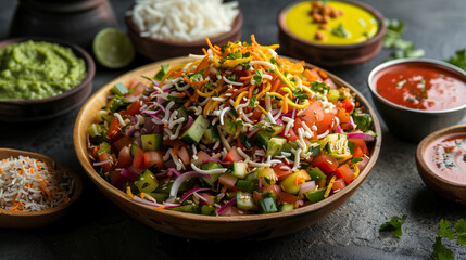 Indian Street Food Chaat with Chutneys and Sev.