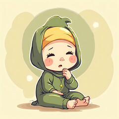 Cute baby wearing a green hood and onesie, sitting on a soft background, looking thoughtful and slightly sad