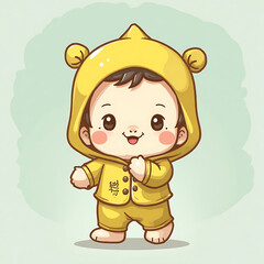 Cute Cartoon Baby Character in Yellow Bear Costume with Joyful Expression, Isolated on Light Background