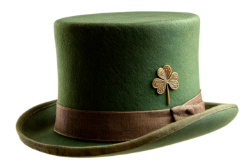A detailed studio shot of a green top hat with a clover pin