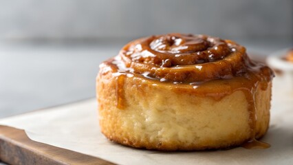 Gooey Cinnamon Roll with Caramel Glaze on Baking Paper and Wooden Board