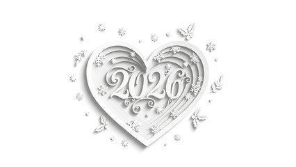 White heart shaped 2026 new year decoration with snowflakes and butterflies