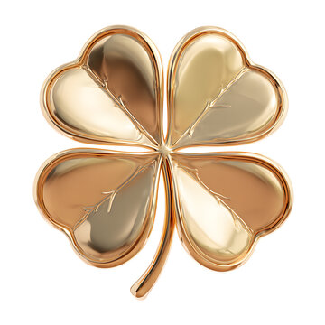 A glistening golden four leaf clover with metallic sheen and detailed textures