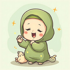 Adorable baby character in a green hooded outfit, happily dancing with a small plush toy