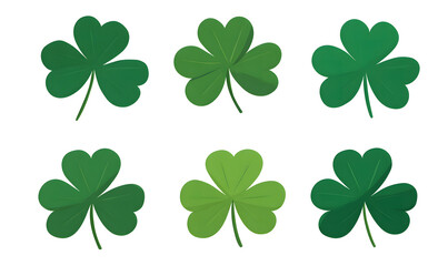 Six vibrant green four leaf clovers against a stark black background