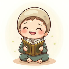 Happy Muslim child reading a book, illustration of learning and joy with religious attire