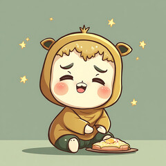 Adorable cartoon baby in a bear costume smiling with a slice of toast and jam, surrounded by stars on a pastel background, perfect for children's media