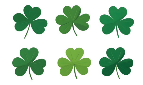 Six vibrant green four leaf clovers against a stark black background - Powered by Adobe