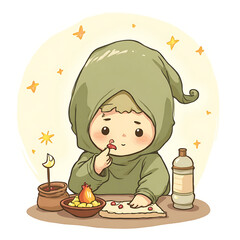 Charming illustration of a small, hooded child meticulously crafting a tiny figure from natural elements like seeds and berries, surrounded by soft glowing stars