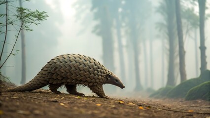 Pangolin Walks Through Misty Forest Path During Daytime