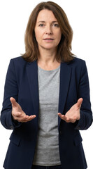 A middle aged woman in a navy blazer and grey t shirt gestures with her open hands looking directly at the viewer gesturing looking at camera serious business professional