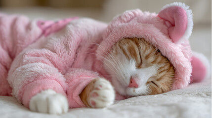 Sleeping orange cat in pink outfit illustration