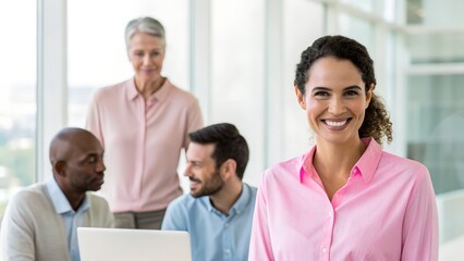 Fototapeta premium Smiling Woman in Pink Shirt Leads Diverse Business Team Meeting in Bright Office