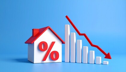 3D house with percent symbol beside descending red graph on blue backdrop, signaling falling mortgage rates.