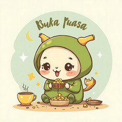 Charming Cartoon Character Happily Breaking Fast with Delicious Snacks and Warm Drink during a Festive Evening Celebration