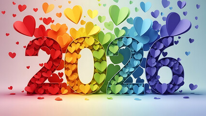 Vibrant 2026 colorful heart numbers, rainbow background