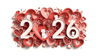2026 Valentine's Day hearts and cats, cute paper cutout design