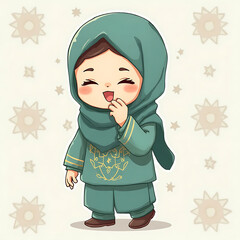 Charming illustration of a cheerful little girl wearing a traditional green headscarf, expressing happiness and innocence with a sweet, shy smile