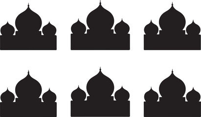 Six black silhouette outlines of ornate taj mahal style buildings