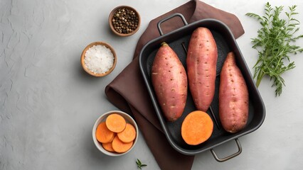 Three Red Sweet Potatoes In A Roasting Pan With Spices And Herbs On A Gray Countertop