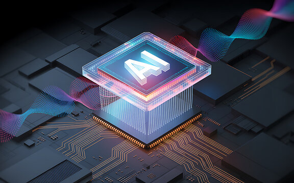 Artificial intelligence chip driving future innovation and data processing on a digital circuit board - Powered by Adobe
