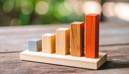 Wooden bar chart blocks ascending on natural background