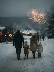 Family with Two Children Watching Fireworks in Snowy Mountain Evening