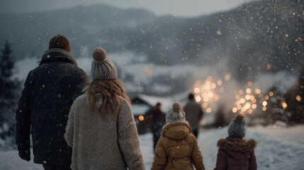 Family with Two Children Watching Fireworks in Snowy Mountain Evening