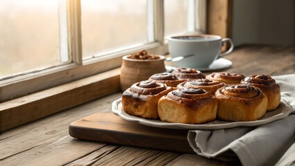 Warm Cinnamon Rolls with Coffee by a Sunlit Window on a Rustic Table