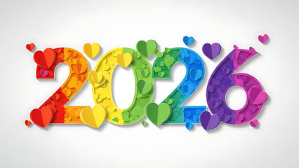 2026 colorful heart shaped numbers with rainbow background