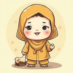 Charming illustration of a cheerful young Muslim girl in a vibrant yellow hijab, holding a small pouch, radiating happiness and innocence with a sweet smile