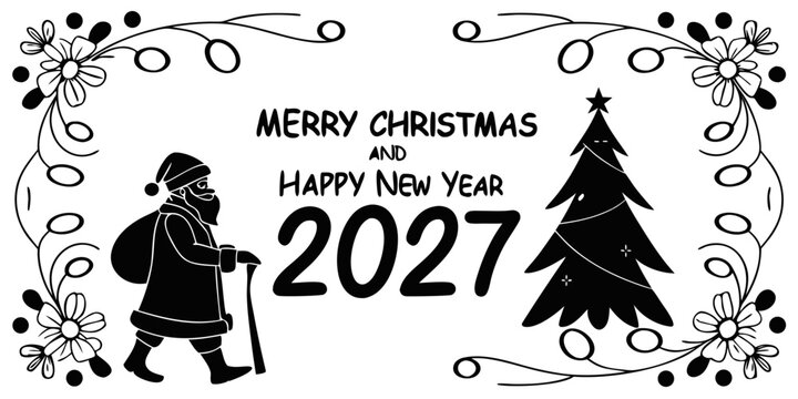 Merry christmas and happy new year 2027 greeting card design with santa claus carrying a sack walking next to a decorated pine tree and floral frame border