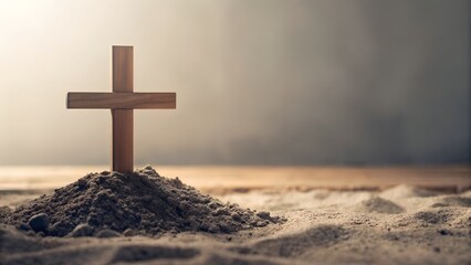 Wooden Cross Centered on Sandy Mound With Soft Sunlight and Smoky Background