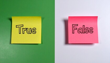 True and false sticky notes on split green-white background, bold labels for binary logic and decision-making.