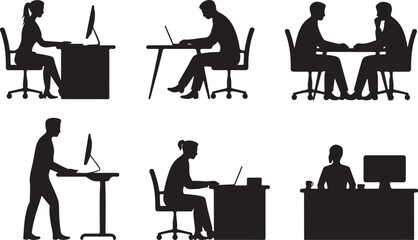 Office people silhouettes working at desks, cad drawing flat vector illustration, computer users sitting, standing, meeting, working remotely, digitally connected