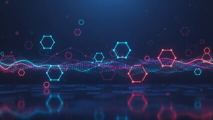 Futuristic technology background with glowing neon hexagons and waves reflecting on dark surface