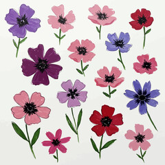 Obraz premium Vector illustration featuring a vibrant collection of diverse hand-drawn flowers, blooming blossoms in pink, purple, and red hues, ideal for spring designs