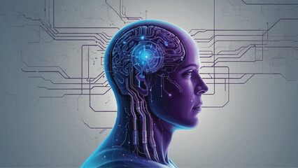 Artificial Intelligence Concept Illustration with Human Brain and Digital Circuit
