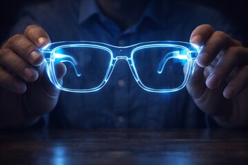 Hands holding futuristic glowing glasses representing digital vision and technology