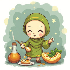 Cute cartoon character in hijab cooking healthy food with fresh ingredients, enjoying a flavorful meal