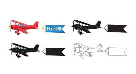 Vintage biplanes and aviation designs in color silhouette and outline styles © Minara
