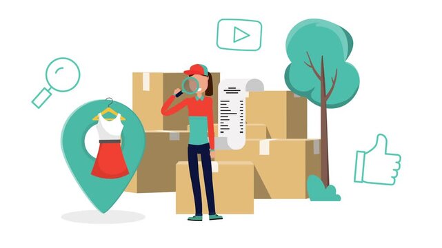 Man Holding Map Pointer Illustration Animation Next to Boxes, Parcel Scan and Delivery Workflow Concept in 4K