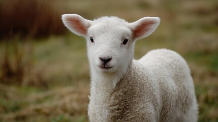 Fototapeta premium Close-up of a small white lamb standing in a grassy field. the lamb is facing the camera and is looking directly at the camera with a curious expression.
