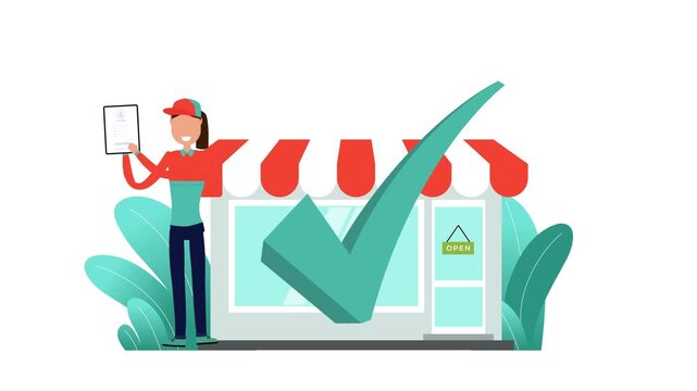 Man Standing in Front of Store Illustration Animation with Check Mark, Parcel Delivery and Courier Service Concept in 4K