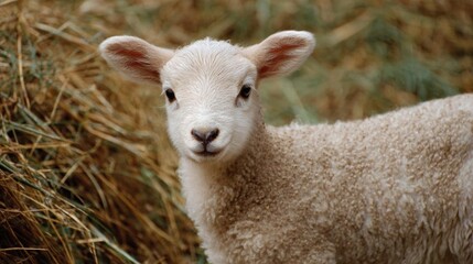 Naklejka premium Close-up of a young lamb standing in a field of hay. the lamb is facing the camera and is looking directly at the camera with a curious expression.