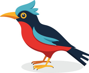 Obraz premium A cartoon illustration of a colorful bird with a black body, red belly, and blue crest, standing on a white background.