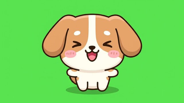 Adorable cartoon chibi puppy dog character standing happily on chroma key background for easy video overlay composition and motion graphics.