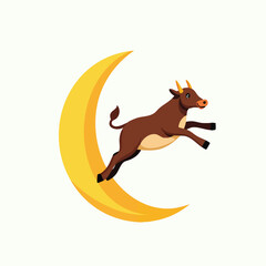 A cartoon illustration of a brown bull jumping over a golden crescent moon on a white background.